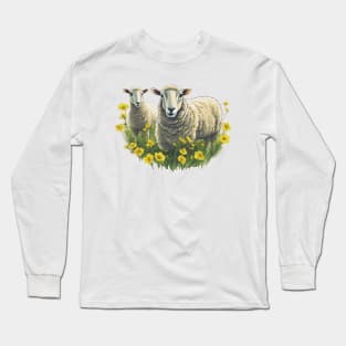 sheep in a field of flowers Long Sleeve T-Shirt